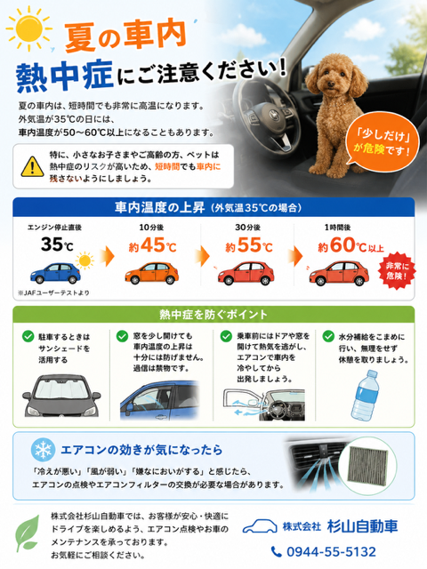 夏の車内熱中症にご注意ください！